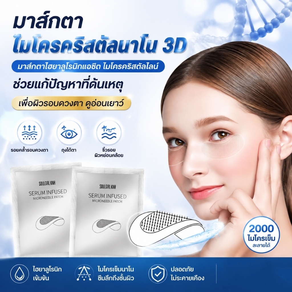 มาส์กตาไมโครนีดเดิล ไฮยาลูรอน 2000 เข็ม แผ่นแปะใต้ตา ลดริ้วรอย ลดถุงใต้ตา ลดตาคล้ำ เติมความชุ่มชื้น Eye Patch Microneedl
