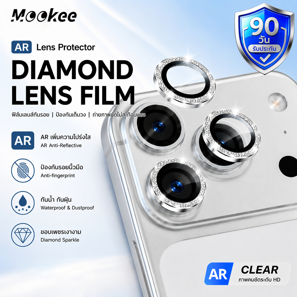Mookee ฟิล์มเลนส์กล้อง iPhone AR Lens 17 16 15 14 13 Pro Max Anti Reflective HD ใส 9H กันรอย กันรอย กันแตก ไม่บังแฟลช