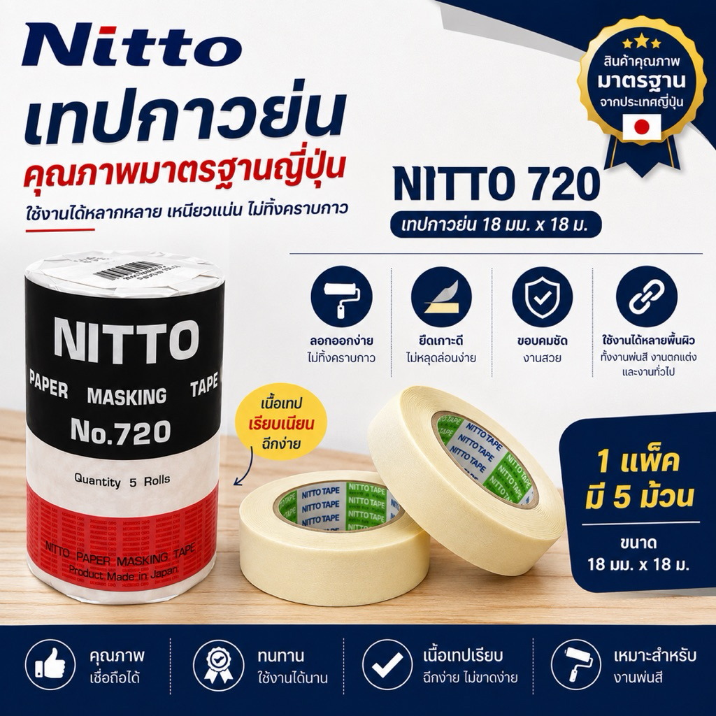 NITTO นิตโต้ No.720 เทปกาวย่น กระดาษกาวนิตโต้ เหมาะสำหรับงานลอกลาย เขียนแบบ DIY เนื้อกาวเหนียว ติดแน่น ไม่ทิ้งคราบ
