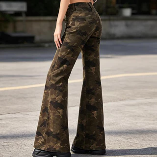 Aurae 👖🟤🌿กางเกงยีนส์ขาบานเอวสูงสายพรางวินเทจ ผ้าเรียบเนียนรัดรูป ยาวคลุมข้อเท้า