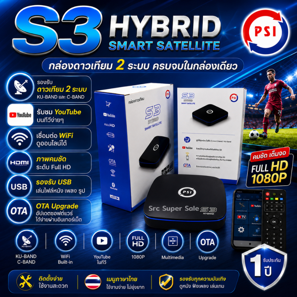 กล่องไฮบริดพีเอสไอ S3 Hybrid 3in1 ดูทีวีดาวเทียม ดูทีวีผ่านเน็ต เล่นไฟล์USB