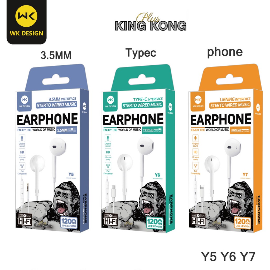 WK DESIGN หูฟัง y5 y6 y7 3.5mm Typec phone ไมโครโฟนในตัว รองรับทุกยี่ห้อ เสียงดี HIFI สำหรับ ios Android（รับประกัน 1 ปี）