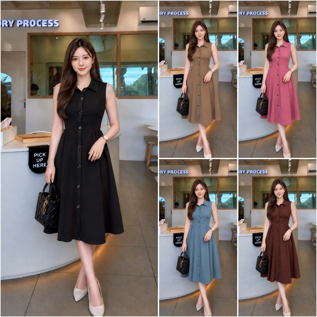 LR25 ชุดเดรสเชิ้ตแขนกุด" (Sleeveless Shirt Dress) แต่งกระดุมหน้า  ผ้าวูลเวฟ ผ้ายืดหยุ่นน่ารัก ใส่ทำงานได้