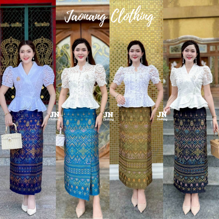ผ้าถุงสำเร็จ ลายมัดหมี่ งานป้ายสำเร็จ ซิปซ่อนหลัง มี SIZE S-2XL เนื้อผ้าฝ้ายทอลาย อัดกาวทั้งผืน
