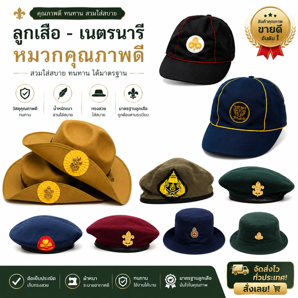 หมวกลูกเสือ เนตรนารี ยุวกาชาด ผู้บำเพ็ญ รด หมวกเบเร่ต์ แดง เขียว ทุกใบพร้อมเข็มเครื่องหมาย