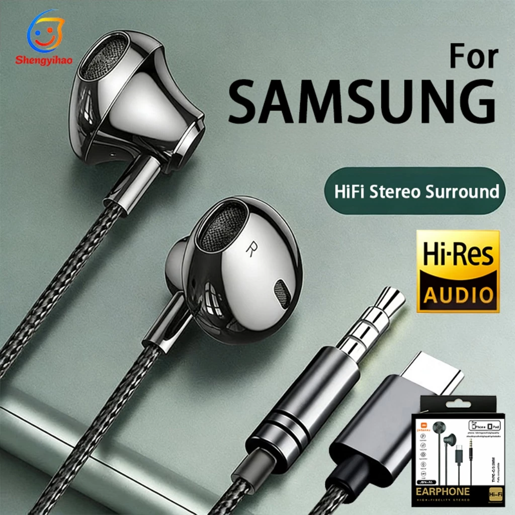 9D สำหรับ Samsung Galaxy S24 23 ทุกประเภท C USB สายหูฟังไฮไฟเบสสเตอริโอควบคุมระดับเสียงไมโครโฟน 3.5 มม wired earphones