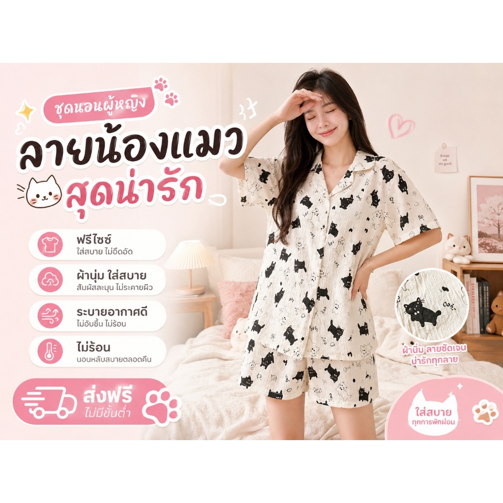 ชุดนอนผู้หญิงแขนสั้นขาสั้น ผ้าไหมญี่ปุ่น  ระบายอากาศได้ดีและสวมใส่สบาย ฟรีไซส์