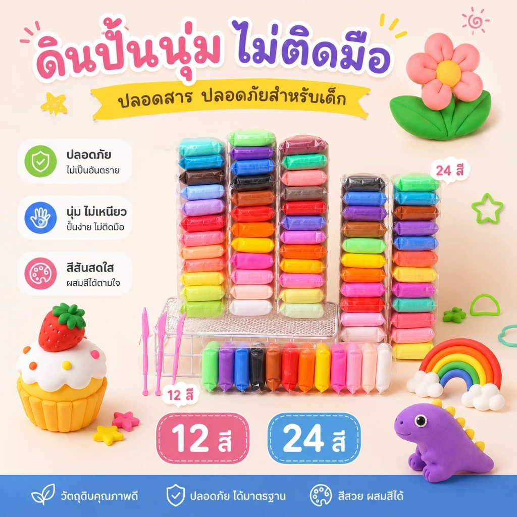 DIY ดินน้ำมัน ดินเบา 12/24 สี ดินน้ํามันสําหรับเด็ก ของเล่นเด็ก แฮนด์เมด ปลอดสารพิษ (สินค้าพร้อมจัดส่งในไทย)