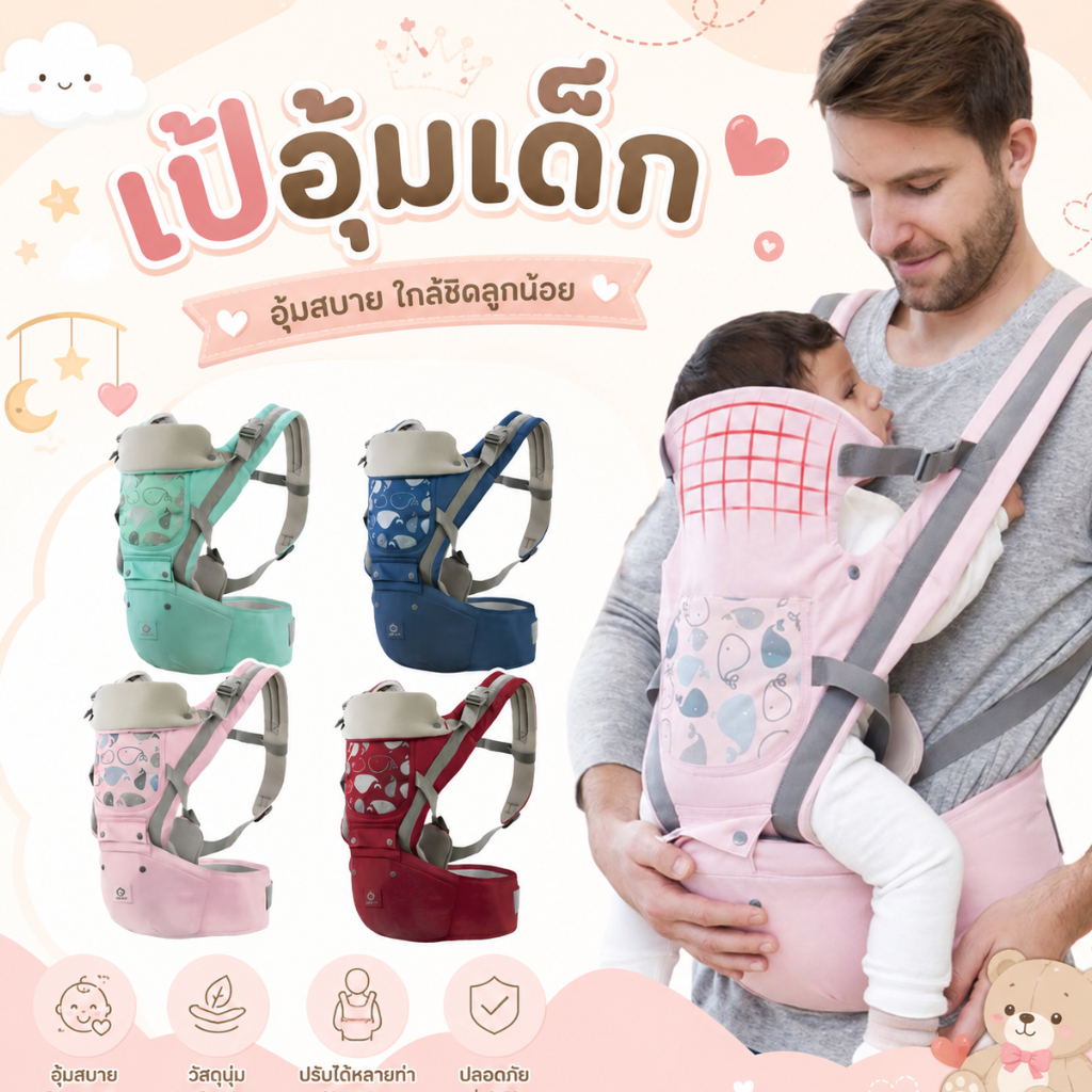 Royal kids เป้อุ้มเด็กแบบมีซัพพอร์ต Aiebao ของแท้ พร้อมกล่อง เป้อุ้มมีที่นั่ง สำหรับเด็ก 0-48 เดือน  รับได้ถึง 30kg.
