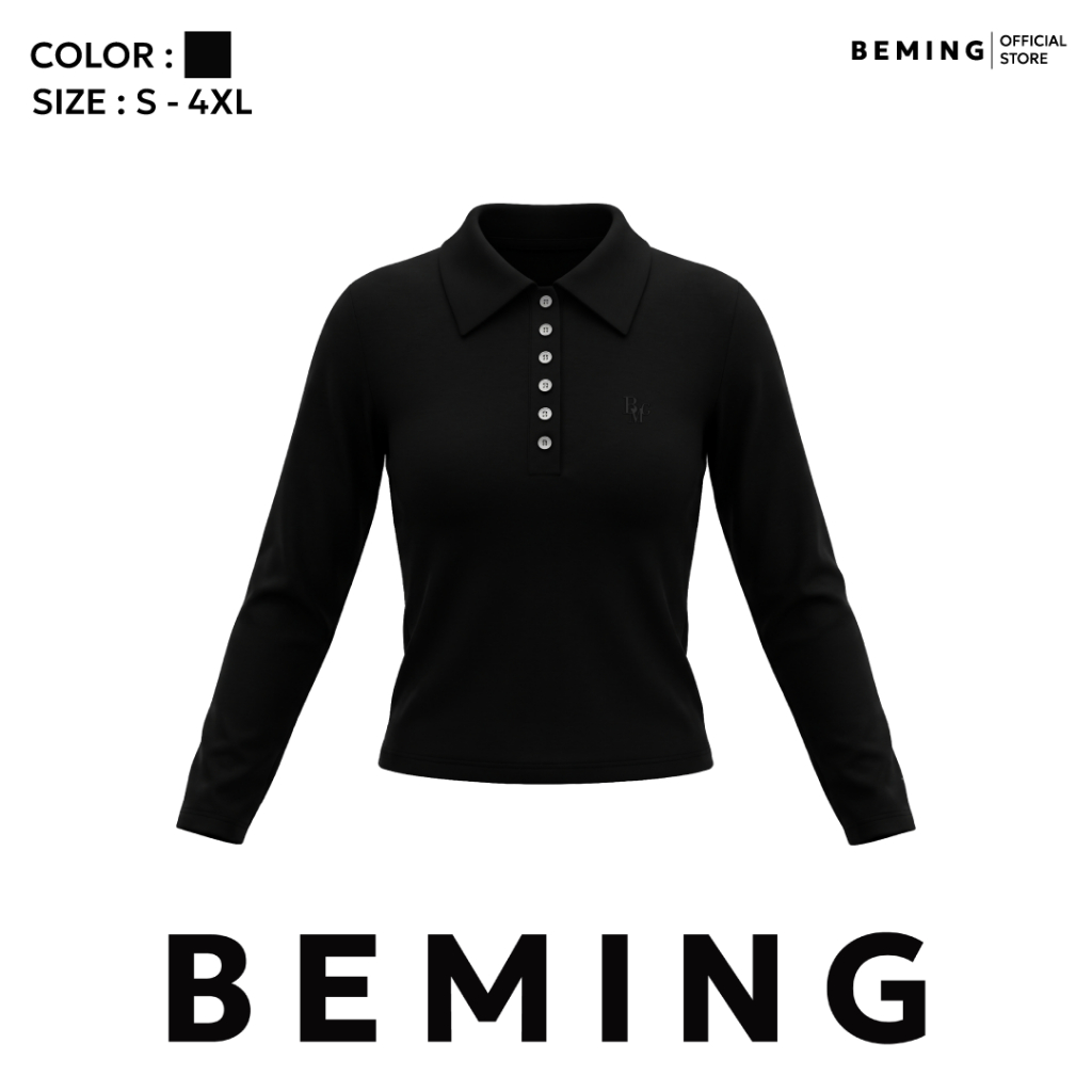 Bemingtop1222(S-4XL)-Podi Top - เสื้อแขนยาวดีไซน์คอปกคลาสสิกตกแต่งกระดุมหน้าและปักโลโก้ BMG
