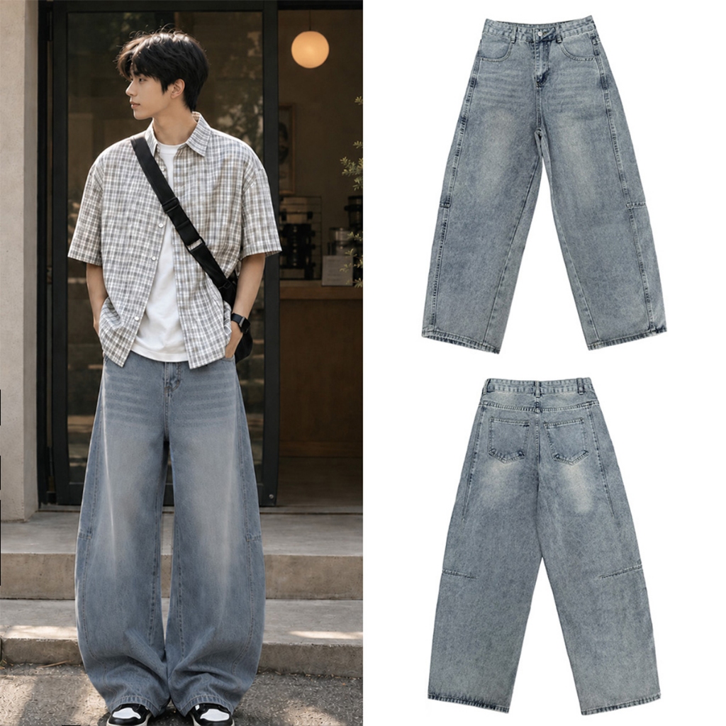 FLAER N02-1# กางเกงยีนส์ unisex คุณภาพสูงรุ่นนี้ สวมใส่สบาย ทรงหลวมเล็กน้อย ตัดเย็บโค้งมนเล็กน้อย และมีสไตล์เรโ