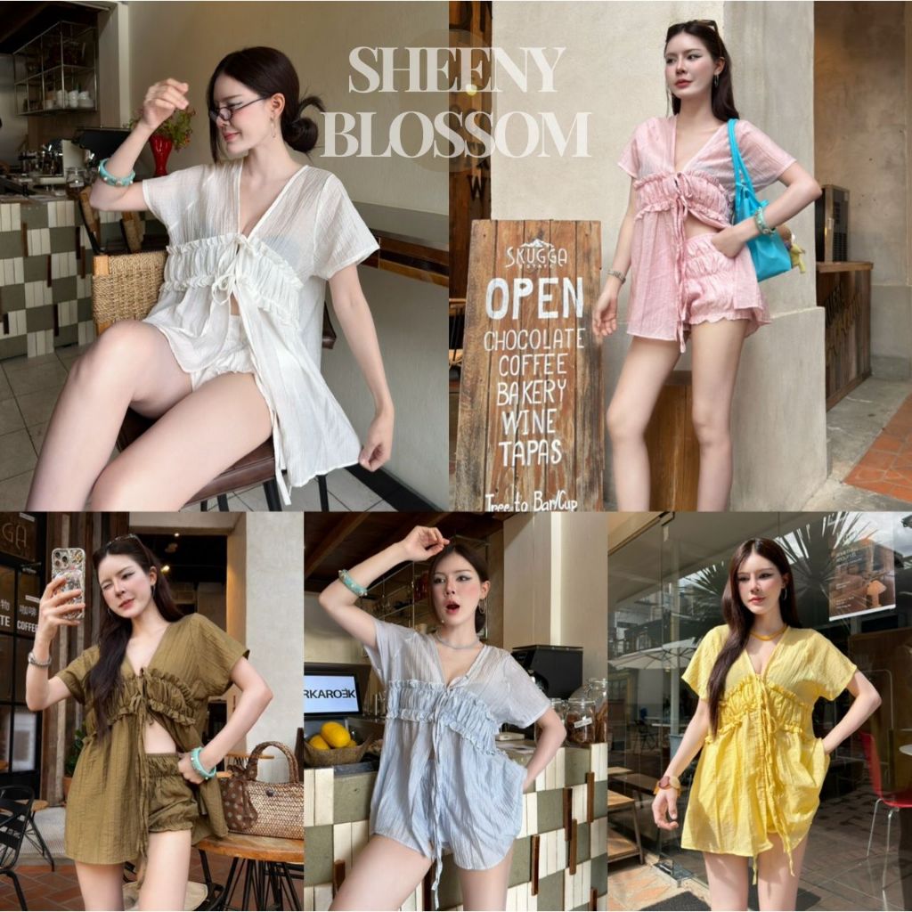 SHEENY Set : 7 สี ชุดเซ็ท 2 ชิ้น (เสื้อ+กางเกง) ชุดเซ็ทขาสั้น เสื้อแต่งจับอกแขนสั้นผ้าบาง งานน่ารัก Sheeny (S052)