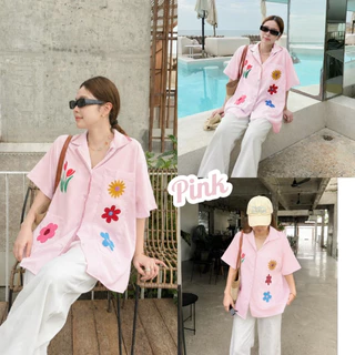 BEACH BLOOM SHIRT เสื้อเชิ้ตผู้หญิงโอเวอร์ไซส์แขนสั้น ปักลายกระเป๋า เสื้อเชิ้ตเกาหลี เสื้อคลุมผู้หญิง ผ้านุ่มใส่สบาย