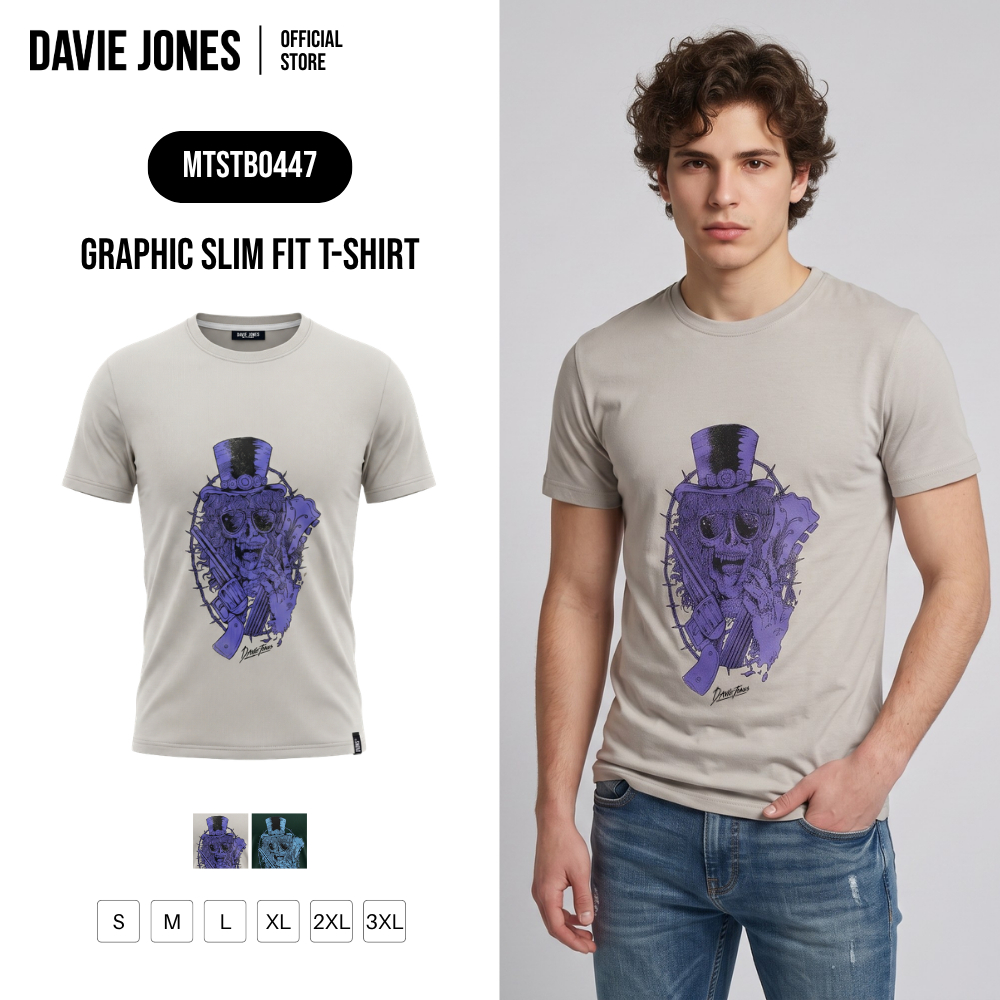 DAVIE JONES [BE FEARLESS] เสื้อยืดผู้ชาย Graphic Slim Fit T-Shirt สีเทาอ่อน เขียว TB0447