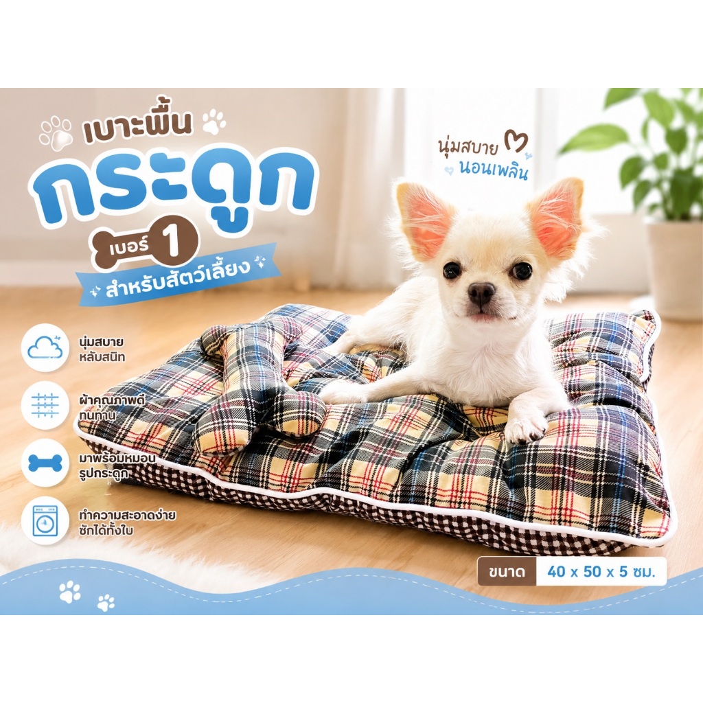 ที่นอนหมา-แมว เบาะพื้นกระดูก ปูในกรง-รถเข็น เหมาะกับน้ำหนักไม่เกิน 3 กก.CWB ขนาดเบอร์ #1 (ขนาด 40 x 45 x 5 cm)