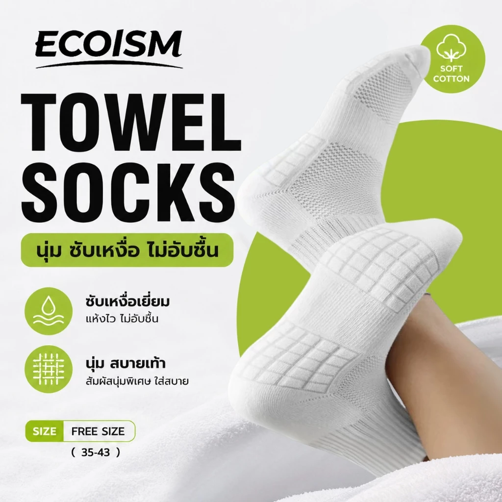 ECOISM ถุงเท้ากีฬา ข้อสูง พื้นผ้าขนหนู ซับแรงกระแทก ระบายอากาศ ดูดซับเหงื่อ นุ่มสบาย สำหรับผู้หญิงและผู้ชาย