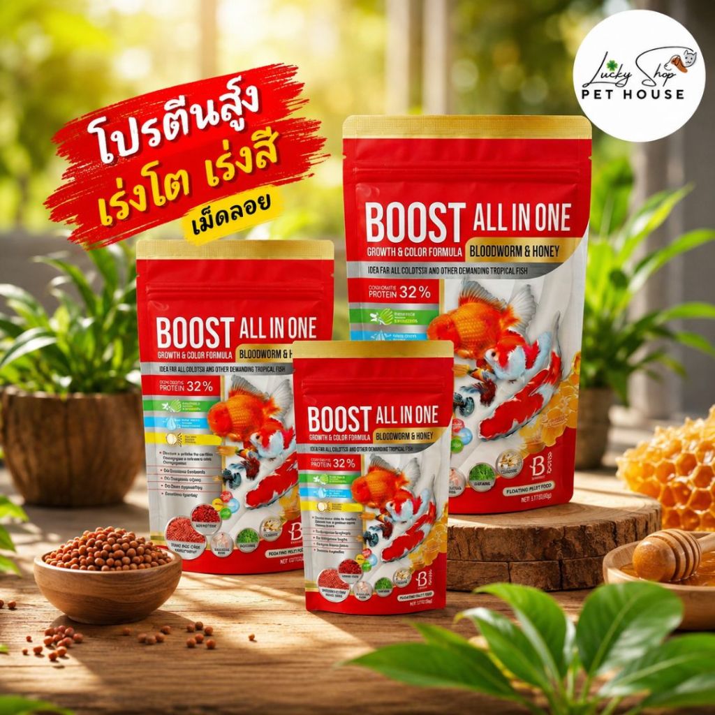 Boost All In One โปรตีน 32% บูสท์ อาหารปลาทอง ปลาคาร์ฟ หางนกยูง สูตรเร่งโต เร่งสี ผสมหนอนแดง