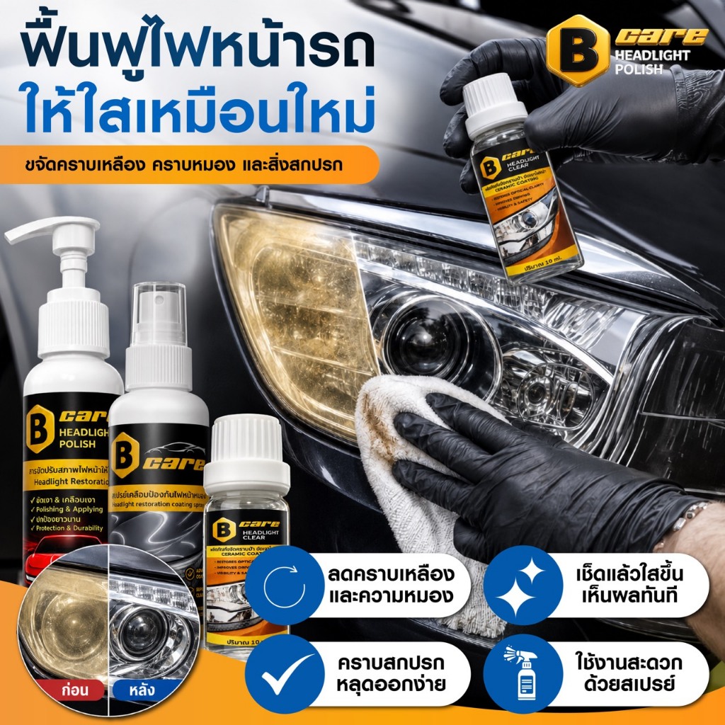 [Bcare] เซ็ตเคลือบเงาไฟหน้าเซรามิก และ เซ็ตน้ำยาสลายคราบเหลืองโคมไฟหน้ารถยนต์ แก้ไขไฟหน้ารถเหลืองให้