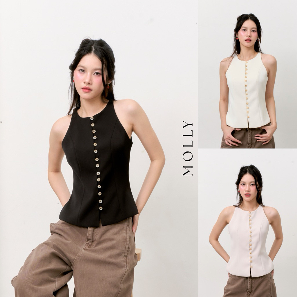 MOLLY TOP (เฉพาะเสื้อ) เสื้อแขนกุดทรงเข้ารูป ดีเทลกระดุมเรียงด้านหน้า