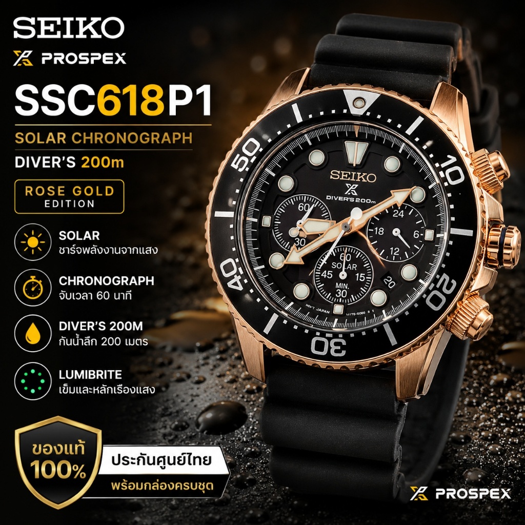 SEIKO Prospex SSC618P1 Solar Chronograph Rose Gold นาฬิกาผู้ชาย Diver 200M ของแท้ ประกันศูนย์