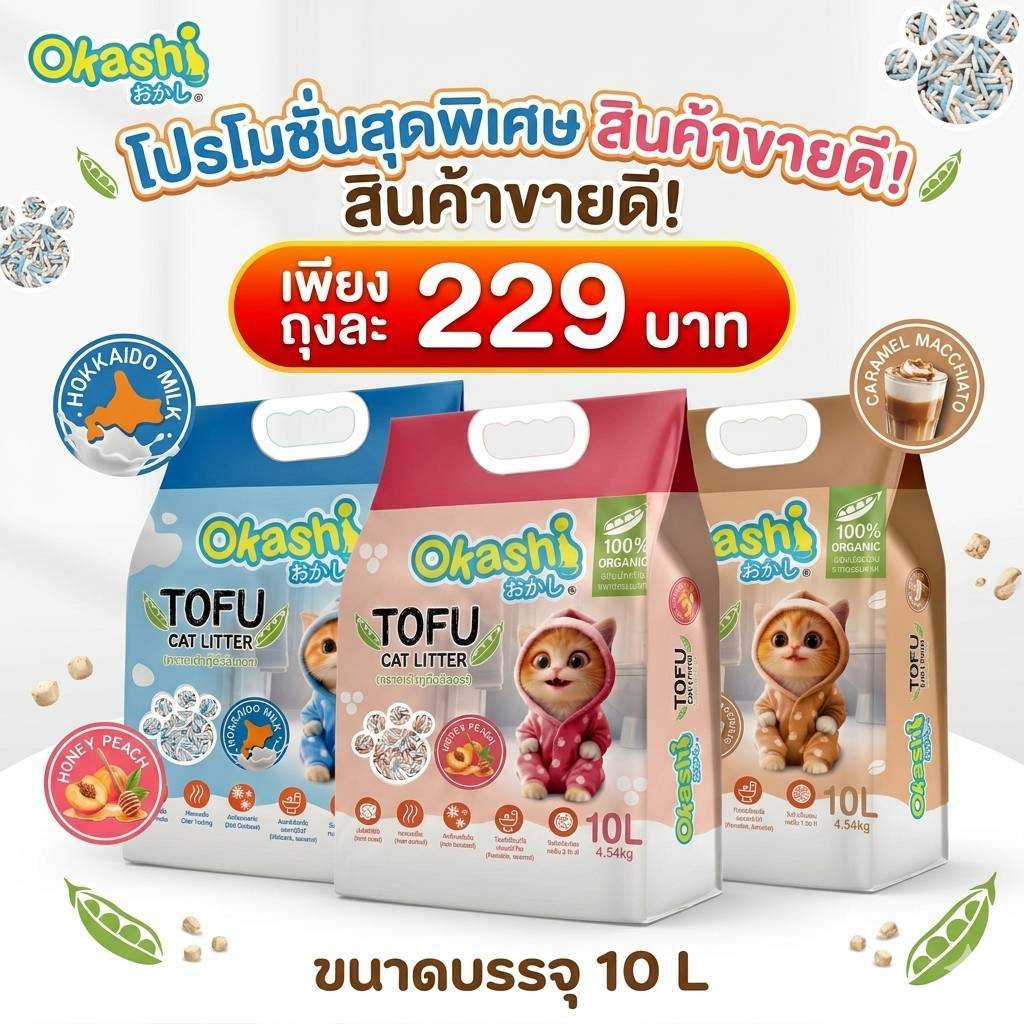 ทรายเต้าหู้ ถั่วลันเตา โอคาชิ ผลิตจากวัตถุดิบธรรมชาติ 100 % ( ขนาด 10 ลิตร )