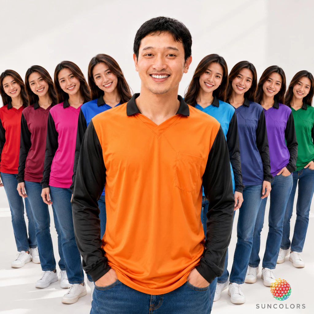 เสื้อคนงานแขนยาวคอปก มีกระเป๋าหน้า รอบอก 42-44 นิ้ว ผ้าไมโครโพลีเอสเตอร์ ฟรีไซส์ หลายสี Suncolor