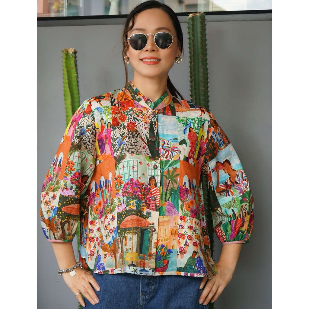 5th Jan เสื้อลินินแท้ คอจีน กระดุมผ่าหน้า แขนบอลลูน 5 ส่วน ชายเสื้อโค้ง หน้าสั้น-หลังยาว “อก 42 นิ้ว