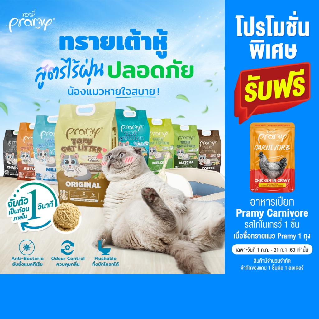 Pramy ทรายแมวเต้าหู้ สูตรไร้ฝุ่น จับตัวเป็นก้อนเร็ว จากใยถั่วเหลืองธรรมชาติ มีให้เลือก 11 กลิ่น