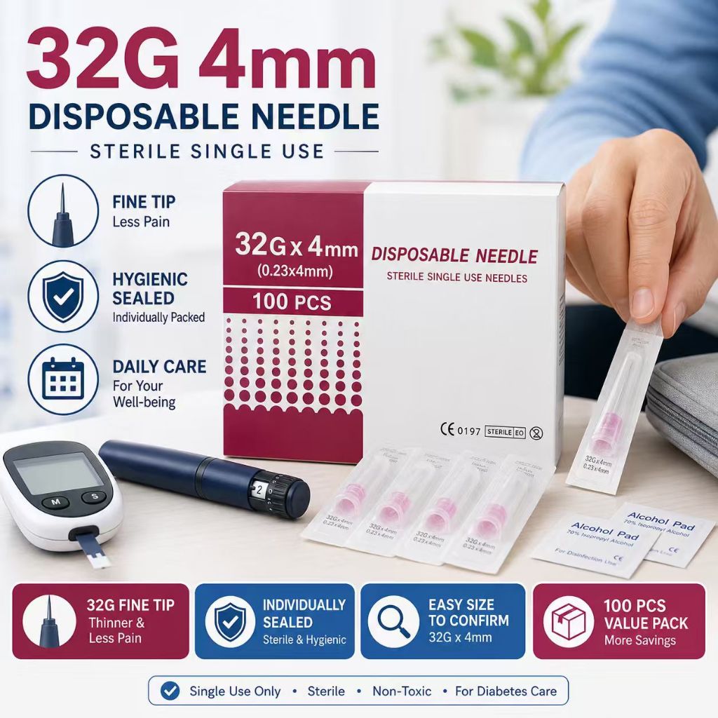 เข็มปลายละเอียดสแตนเลส 32G 4mm แยกซองฆ่าเชื้อ EO ทีละชิ้น 100 ชิ้น อุปกรณ์เสริมดูแลสุขภาพใช้ในบ้านแล