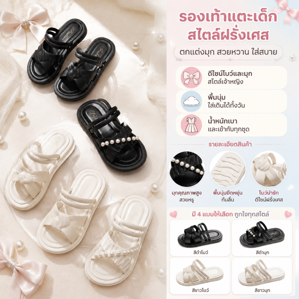 รองเท้าเด็กผู้หญิง✨รองเท้าแตะสไตล์หรูหรา🎀ตกแต่งโบว์และมุก