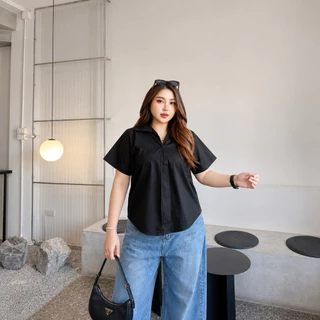 2S-1819-เสื้อเชิ้ตคอปกสาวอวบ ทรงปล่อย ผ้าคอตตอน อกเริ่ม40-54นิ้ว มี4สี ขาว ดำ ชมพู ฟ้า