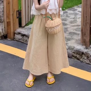 PRINCESS KESLI กางเกงขากว้างเด็ก กางเกงเด็กผู้หญิง งเด็กผู้หญิงเอวยางยืดกางเกงฤดูร้อนระบายอากาศสําหรับเด็ก 2-12 ปี