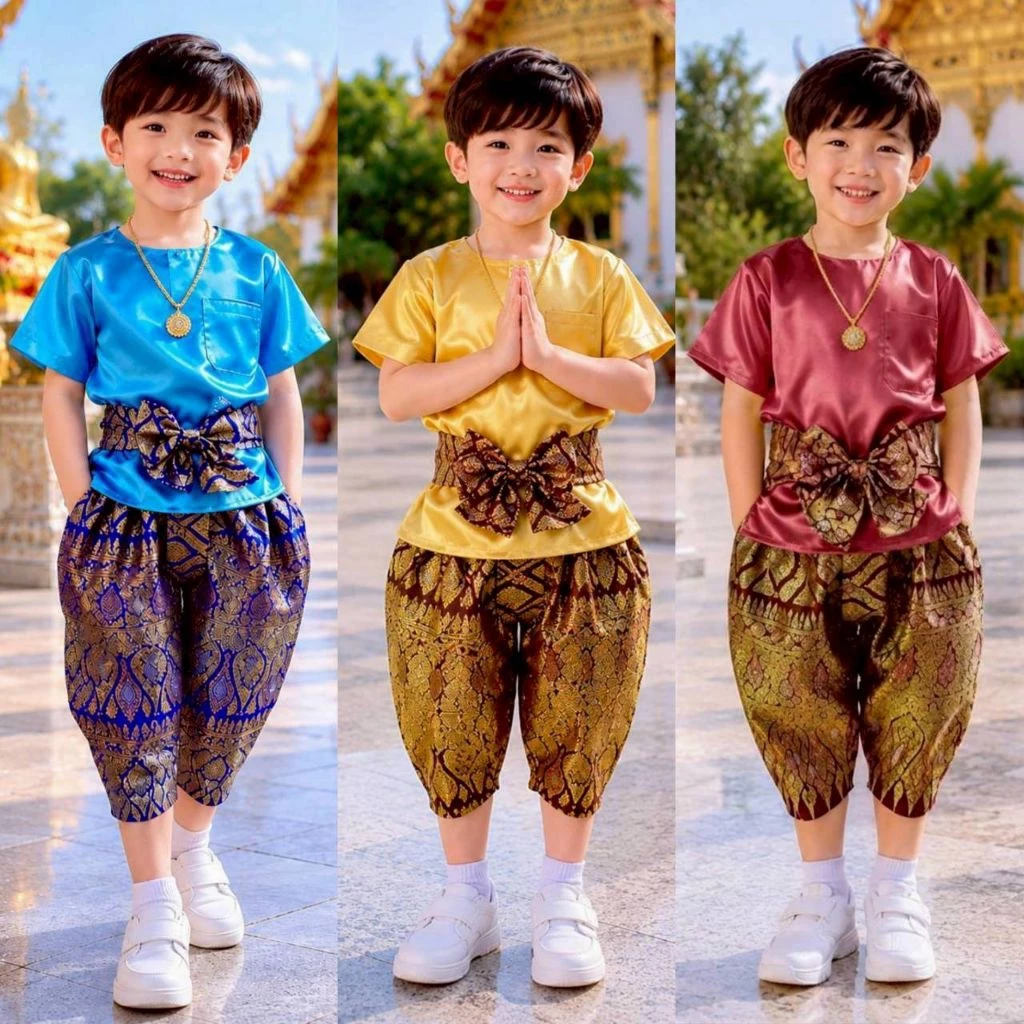 ชุดไทยประยุกต์เด็กผู้ชาย(งาน 3 ชิ้น) เสื้อผ้าซาติน โจงพิมทอง ผ้าคาดเอวพิมทอง(คละลาย)