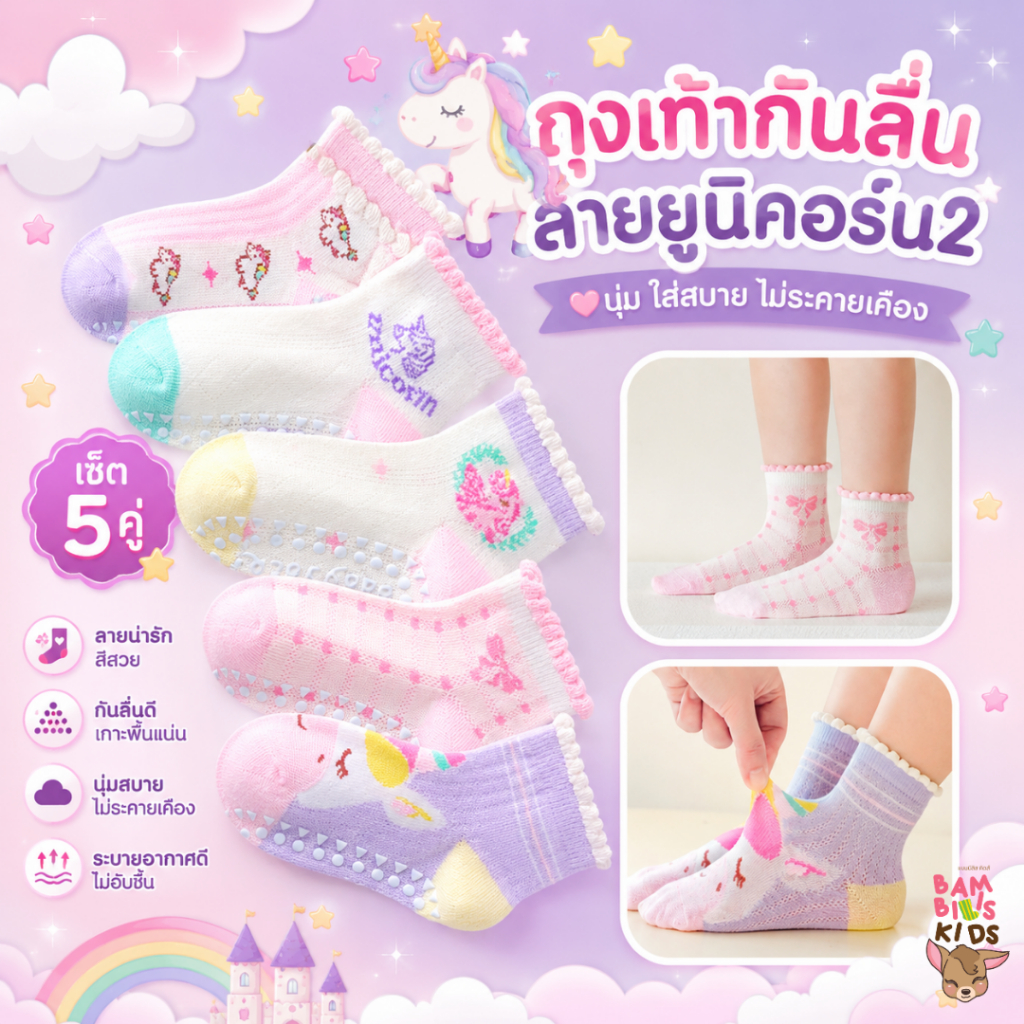 Bambilis : ⚡พร้อมส่ง⚡ ถุงเท้าเด็ก ถุงเท้าเด็กกันลื่นข้อสั้น  1 แพคมี 5 คู่ ลายยูนิคอร์น2