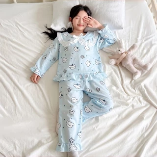 ชุดนอนเด็กผู้หญิงสไตล์เกาหลีสุดน่ารัก พิมพ์ลายการ์ตูนทั้งชุด ตกแต่งด้วยระบาย และปกปีเตอร์แพนประดับลูกไม้