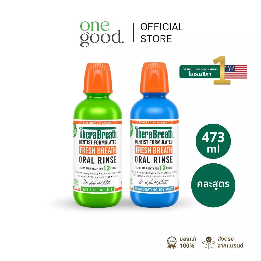 [คละสูตร x2] TheraBreath (Icy Mint) + (Mild Mint) 473 ml | น้ำยาบ้วนปาก ลดกลิ่นปาก ไม่มีแอลกอฮอล์