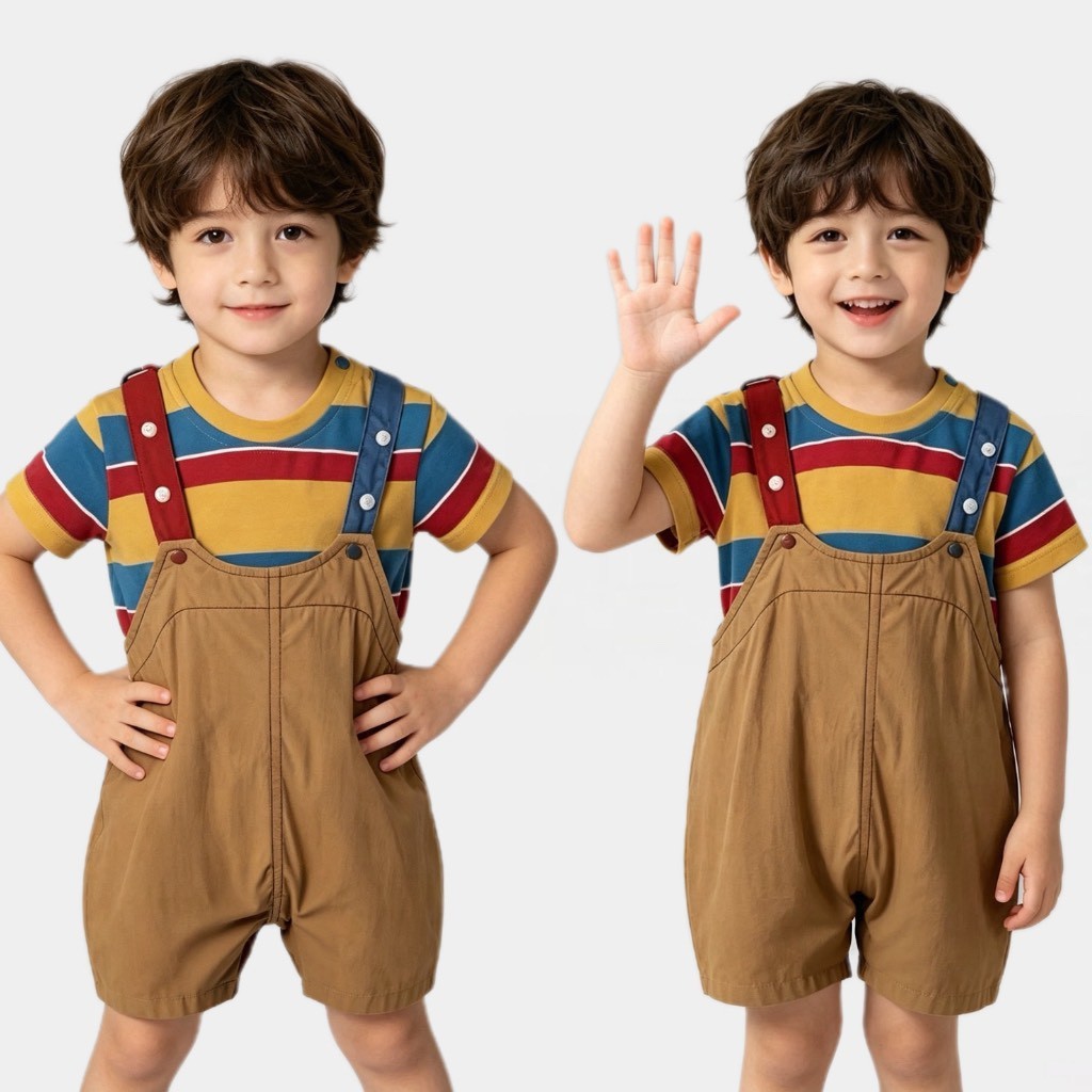 BB354 เซต2ชิ้นเด็กผู้ชาย เสื้อยืดแขนสั้นลายริ้วสีรุ้ง + กางเกงเอี๊ยมขาสั้นสีน้ำตาล ผ้าบางเบาระบายอากาศ