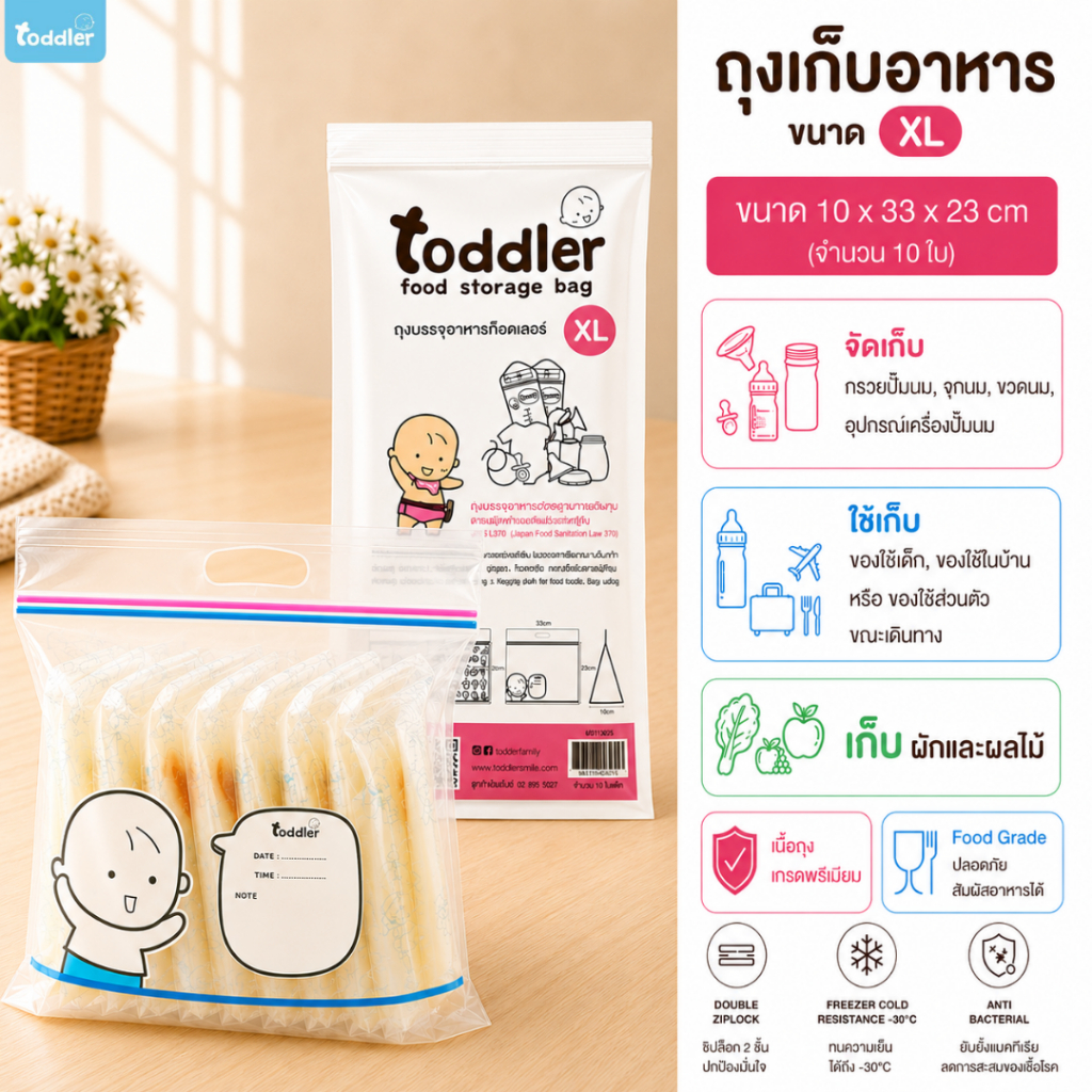 (ถุงหูหิ้วขนาดใหญ่) Toddlerfamily ถุงซิปล็อคจัดเรียงสต๊อก เก็บของ ขนาด XL (แพคละ 10 ใบ)