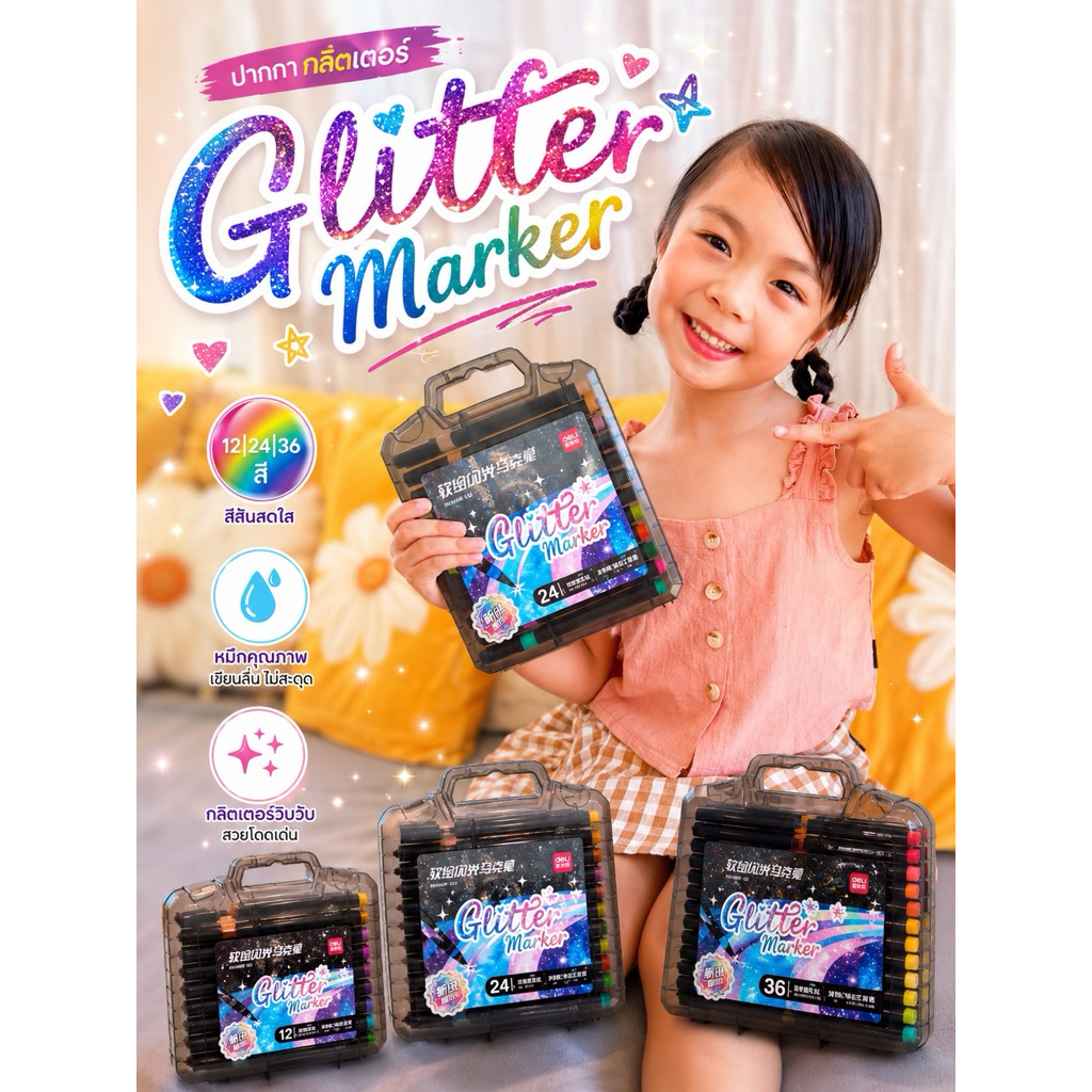 ปากกามาร์คเกอร์กลิตเตอร์ Glitter Marker 12/24/36/48 สี สีสด วิบวับ ระบายสี วาดภาพ งานศิลปะ DIY สำหรับเด็กและผู้ใหญ่