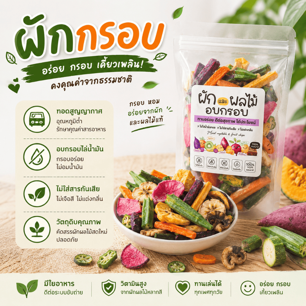 ผักอบกรอบ 🥕🥬🍠 1 kg ถุงฟรอย ทอดสูญญากาศ เกรดพรีเมี่ยม ปรับคุณภาพใหม่ ไม่อ้วนผลิตในไทย พร้อมส่ง