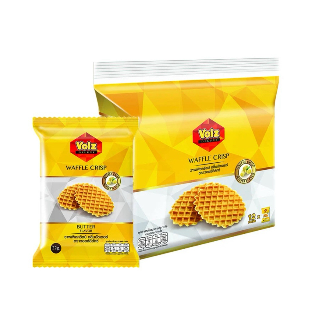 [ยกแพ็ค 12 ซอง] Voiz Deluxe Waffle Crisp วอยซ์ ดีลักซ์ วาฟเฟิลคริสป์ กลิ่นบัตเตอร์ บิสกิตวาฟเฟิลกรอบ รสเนย ขนาด 22 กรัม