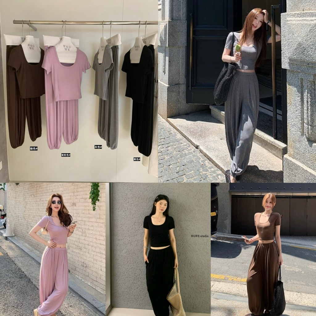 พร้อมส่ง 10195# Set 2 pcs เสื้อคอเหลี่ยม + กางเกงขายาว เอวยางยืดปลายขาจั๊มมีกระเป๋าล้วงด้านข้าง เนื้อผ้าดี TAG:WG.WE