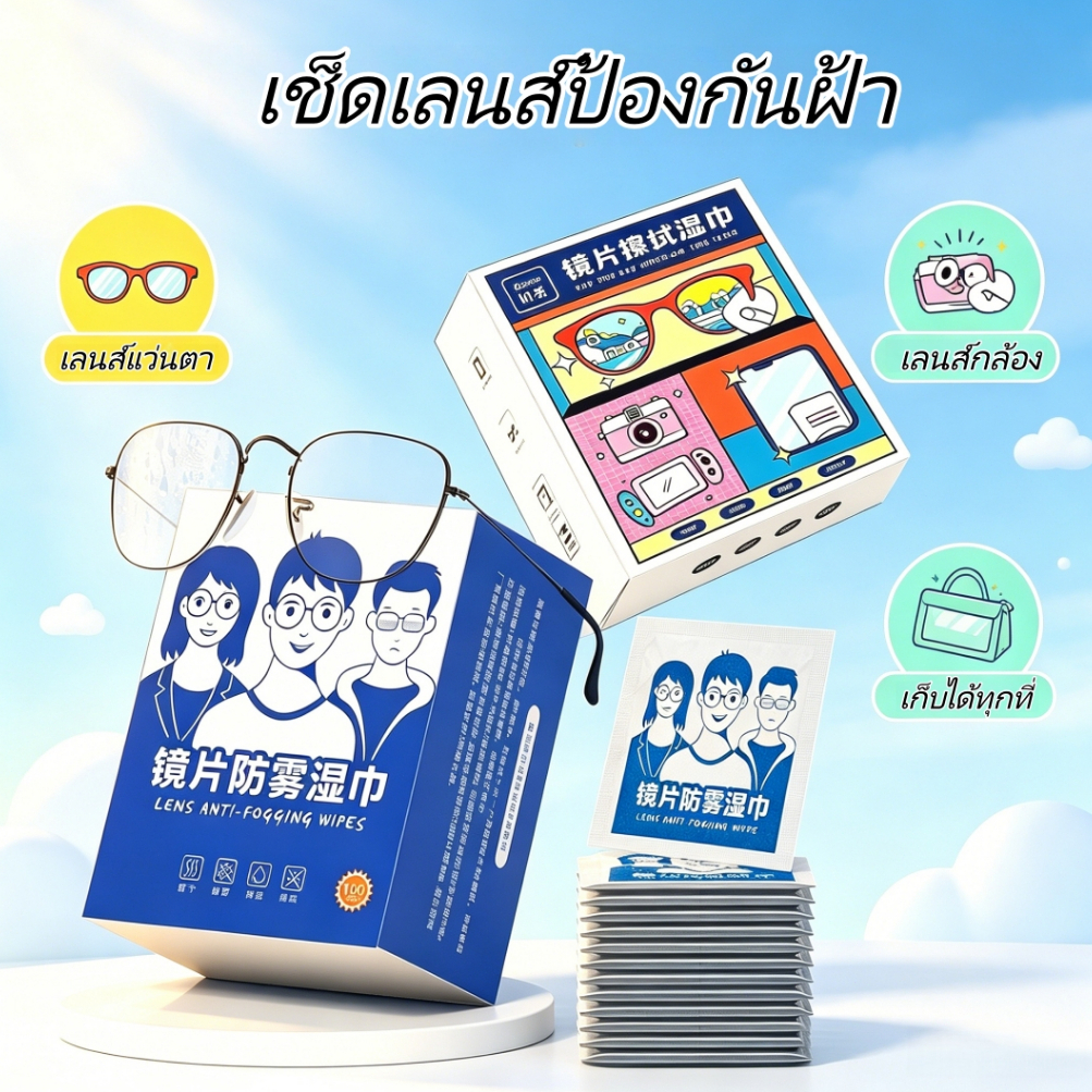 แผ่นเช็ดเลนส์แว่น น้ำยาเช็ดแว่น 100 แผ่น/กล่อง กันฝ้า กันฝุ่น ยับยั้งแบคทีเรีย เพื่อแห้งเร็ว ไม่ขูดขีดเลนส์แว่น