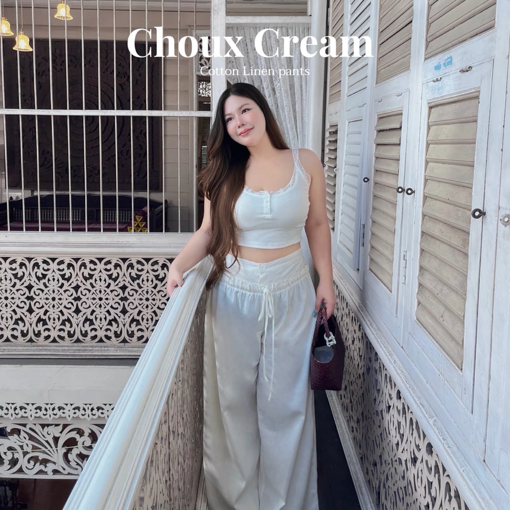𝐂𝐡𝐨𝐮𝐱 𝐂𝐫𝐞𝐚𝐦 𝐒𝐞𝐭 (plussize)🧁🍒เสื้อสายเดี่ยวลูกไม้ + กางเกงเอวแต่งกระดุม มีดีเทลระบาย น่ารักๆ