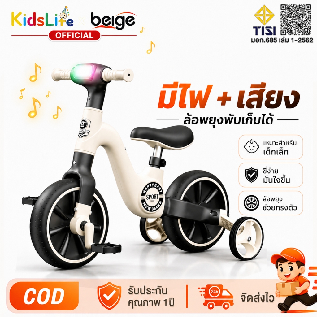 Beige🔥🔥[จักรยานขาไถ] รถขาไถเด็ก จักรยานเด็ก Balance Bike 3 in 1 แสงเพลง รถสามล้อเด็ก มีเพลง มีไฟ