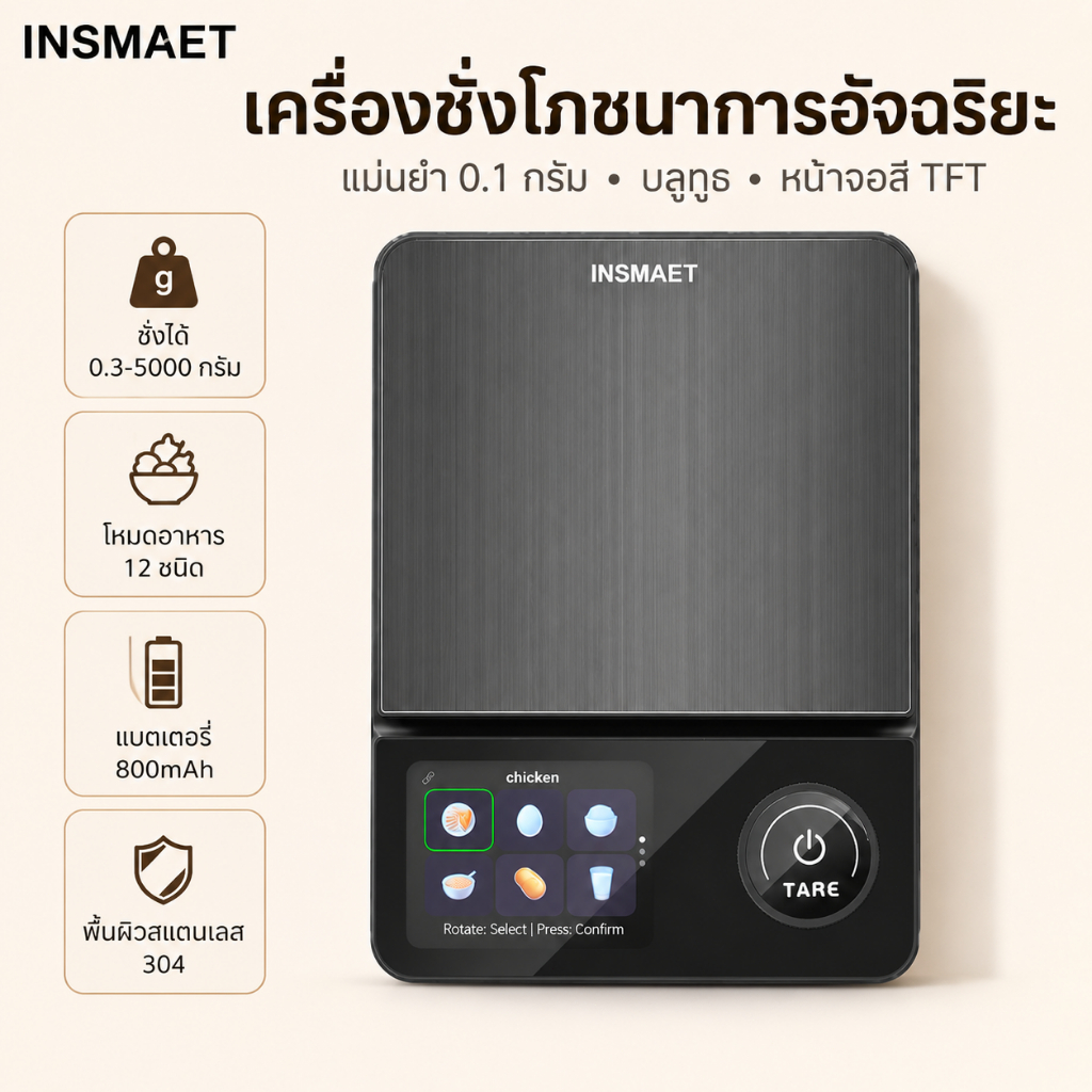 INSMART เครื่องชั่งในครัว เครื่องชั่งดิจิทัล โหมดวัดอาหาร 6 ประเภท ความแม่นยำสูง