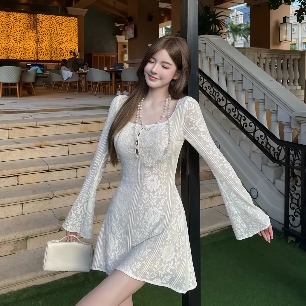 เดรสลูกไม้ ชุดเดรสแฟชั่นผู้หญิง เดรสสั้น แขนยาว ชุดเดรสสไตล์ฝรั่งเศส งดงามและหรูหรา