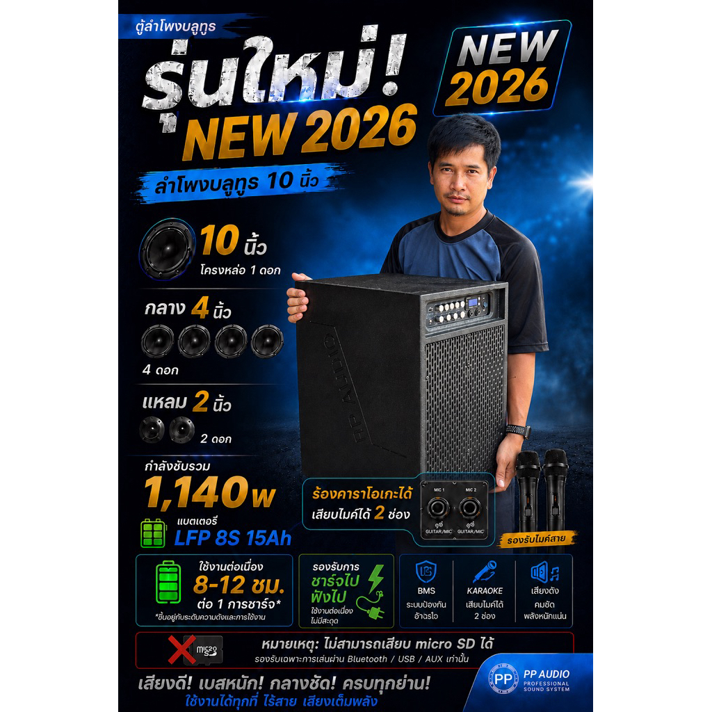 New 2026 ลำโพงบลูทูธ 10 นิ้ว รุ่นล่าสุด เบสแน่นสะใจ เสียงกลางหวานใส