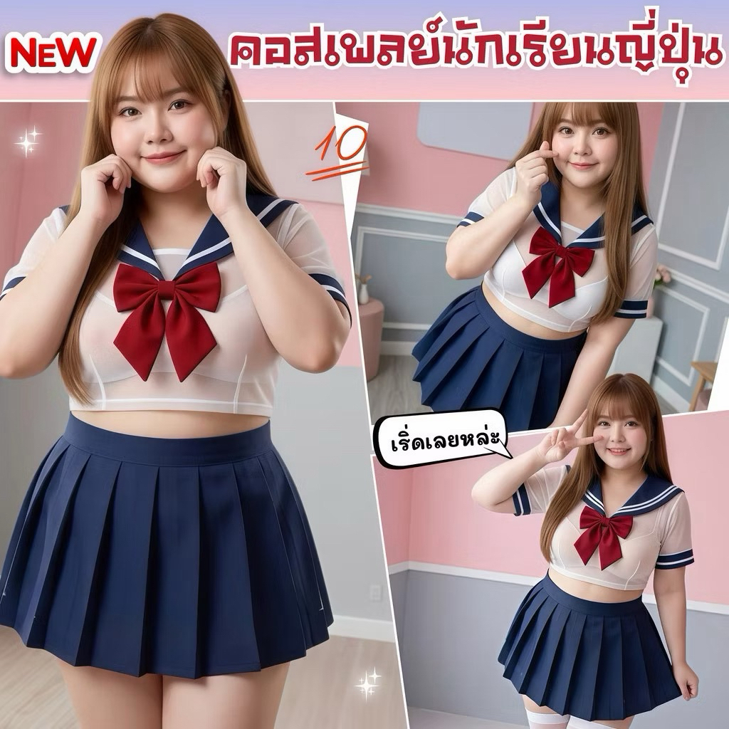 PEEMAI LIVE ชุดคอสเพลย์นักเรียนญี่ปุ่น(❤️XL-5XL 40-100 kg)ผ้าแก้วนิ่มโบว์สีแดง P-127