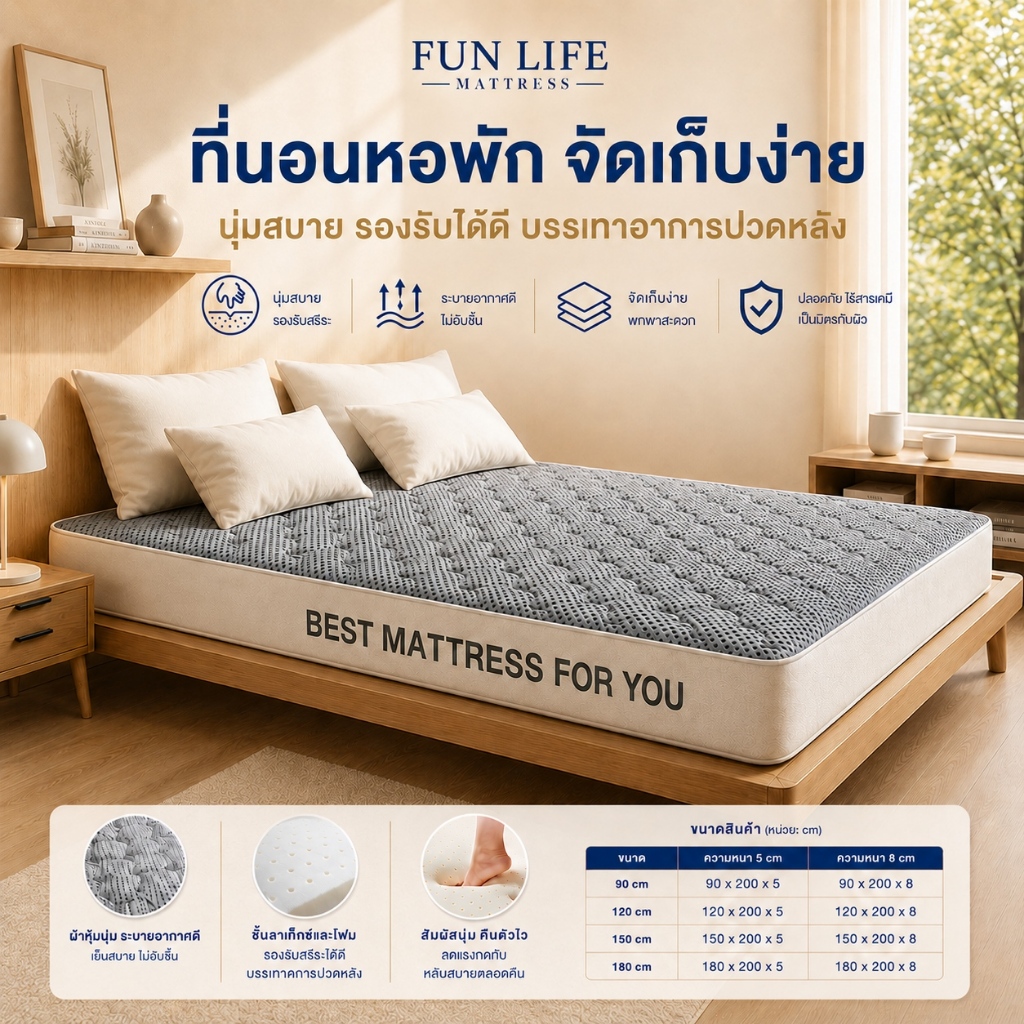 FLM ที่นอน ที่นอนยางพารา 3ฟุต 3.5ฟุต 5ฟุต6ฟุต สีเทา/สีขาว ที่นอนยางพาราแท้100% ที่นอน ลดอาการปวดหลัง